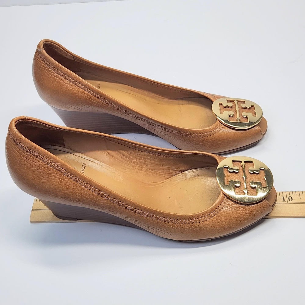 Tory Burch Shoes Womens Size 9** Brown Leather Peep Toe Wedge Logo Pumps - Picture 2 of 15